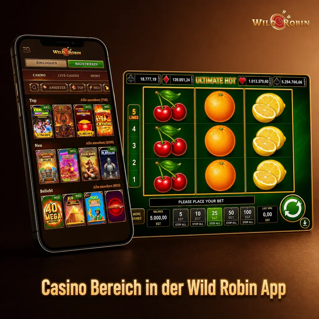 Casino-Lobby der Wild Robin App mit Slots, Live Casino und Suchfiltern in mobiler Ansicht