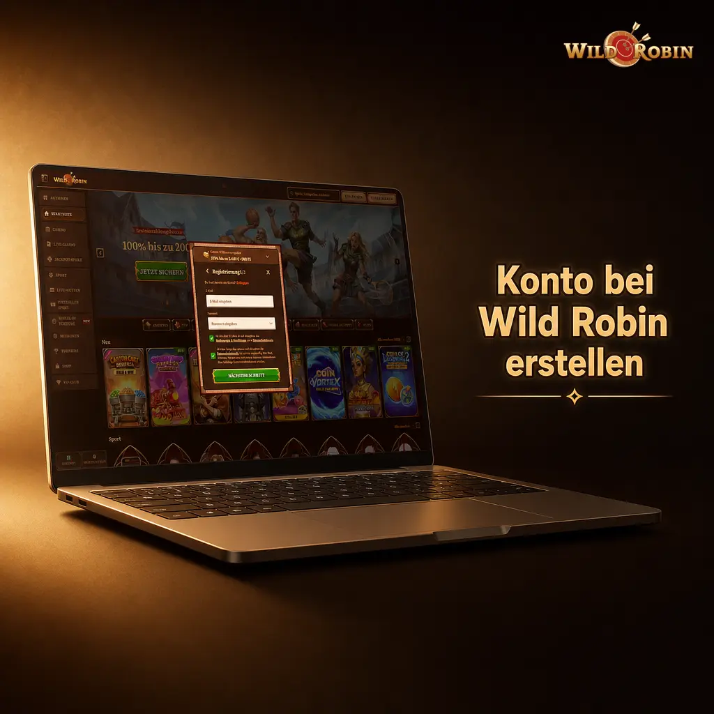 Registrierungsformular bei Wild Robin mit E-Mail, Passwort, Geburtsdatum und Verifizierung im Konto
