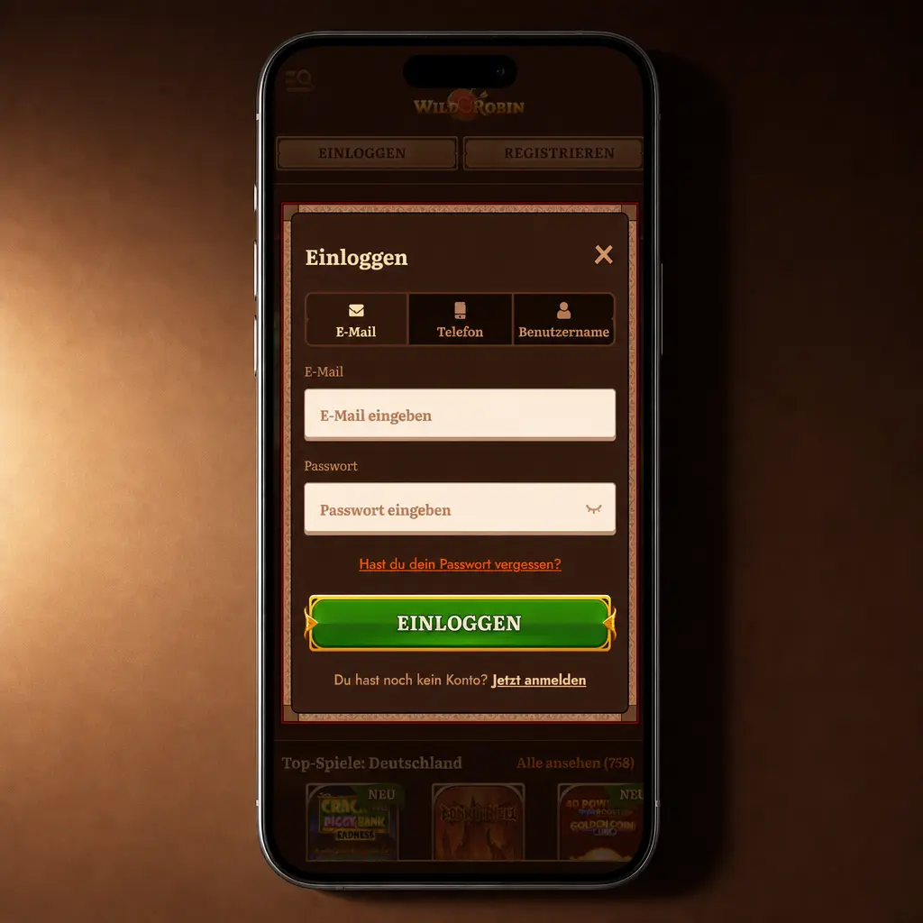 Smartphone zeigt App-Einzahlung mit Auswahl von Betrag, Bonus und Zahlungsmethode im Konto