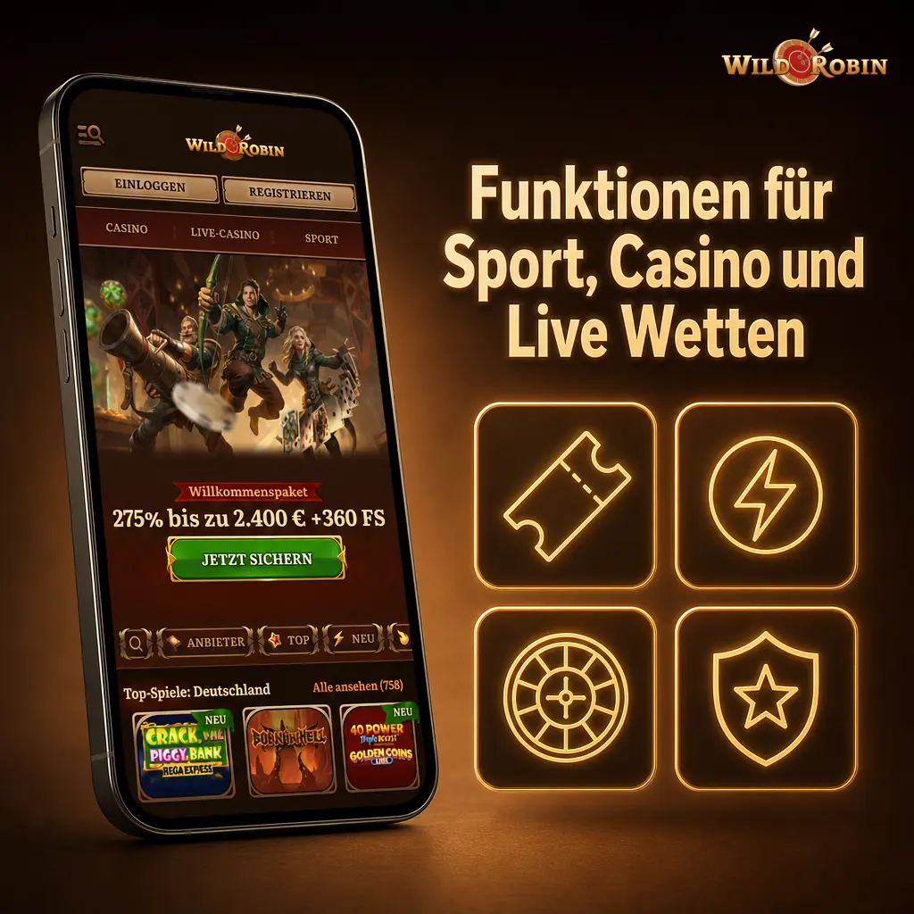 Mobile Wett-App mit Sportwetten, Live Wetten, Casino, Bonusbereich und Support für deutsche Spieler
