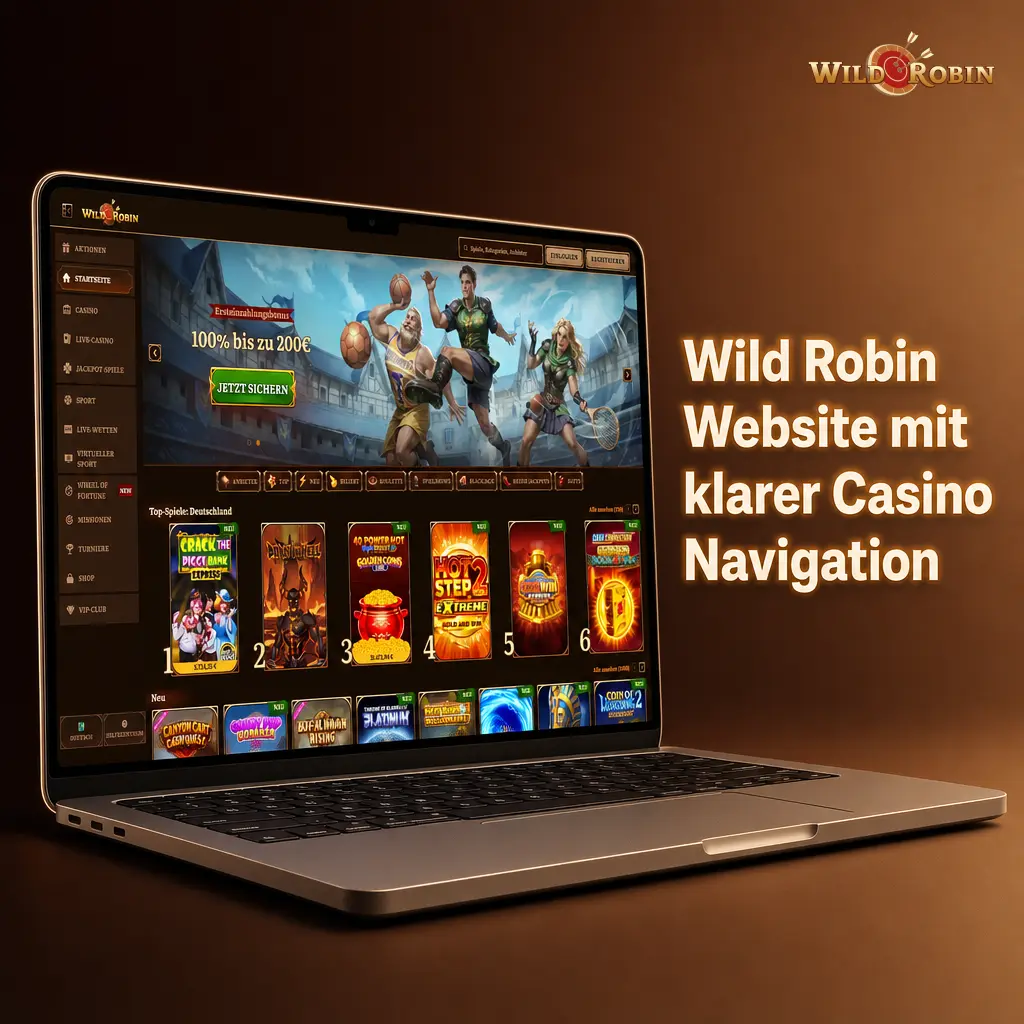 Wild Robin Website mit dunklem Braun, Goldakzenten und klarer Navigation für Sport, Casino und Live Casino